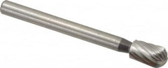 Made in USA - 3/16" Cut Diam, 1/8" Shank Diam, Oval Head Single Cut Burr - High Speed Steel, Radius End, 5/16" LOC, 1-1/2" OAL - Americas Industrial Supply