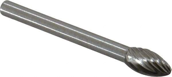 Made in USA - 3/16" Cut Diam, 1/8" Shank Diam, Flame Head Single Cut Burr - High Speed Steel, Radius End, 3/8" LOC, 1-1/2" OAL - Americas Industrial Supply