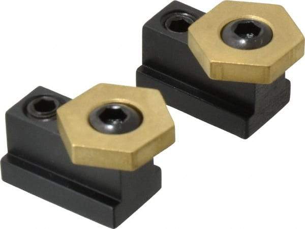 Mitee-Bite - 13/16" Brass Hex, 7/16" T-Slot, 5/16-18 Stud Thread, Symmetrical Hex Clamp - 3/16" Hex Height, 800 Lb Holding Force, 1/2" Long Thread, 8.3 Ft/Lb Torque, 2 Clamps - Americas Industrial Supply