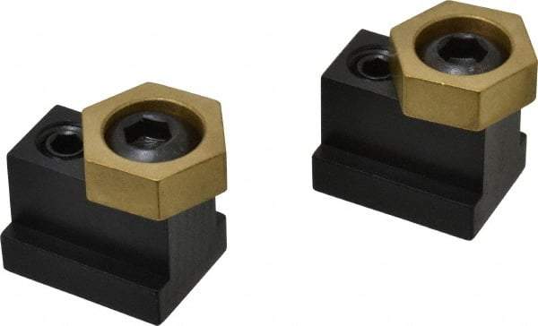 Mitee-Bite - 1" Brass Hex, 11/16" T-Slot, 1/2-13 Stud Thread, Symmetrical Hex Clamp - 3/8" Hex Height, 3,000 Lb Holding Force, 1" Long Thread, 45 Ft/Lb Torque, 2 Clamps - Americas Industrial Supply