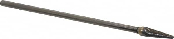 Atrax - 3/8" Cut Diam, 1/4" Shank Diam, Taper Head Single Cut Burr - Carbide, Radius End, 1-1/16" LOC, 7-1/16" OAL - Americas Industrial Supply