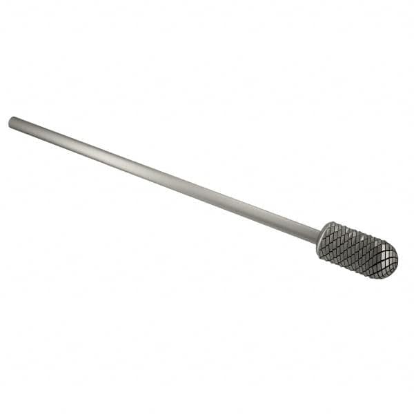 Atrax - 3/8" Cut Diam, 1/4" Shank Diam, Cylinder with Radius Head Double Cut Burr - Carbide, Radius End, 3/4" LOC, 6-3/4" OAL - Americas Industrial Supply