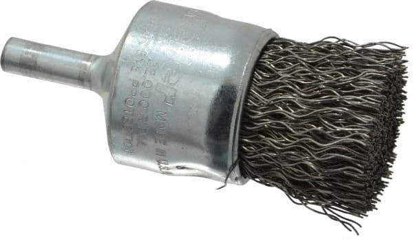 Weiler - 1" Brush Diam, Crimped, End Brush - 1/4" Diam Steel Shank, 22,000 Max RPM - Americas Industrial Supply