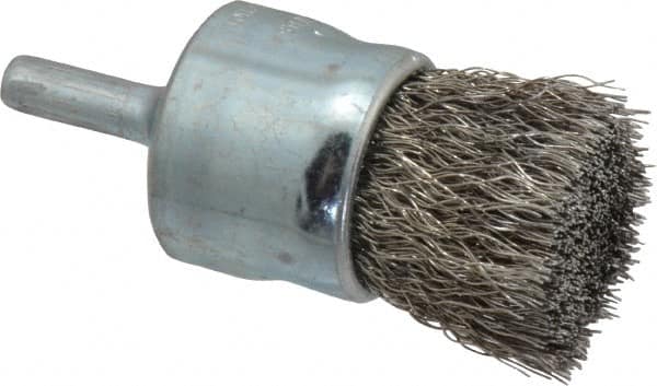 Weiler - 1" Brush Diam, Crimped, End Brush - 1/4" Diam Steel Shank, 22,000 Max RPM - Americas Industrial Supply