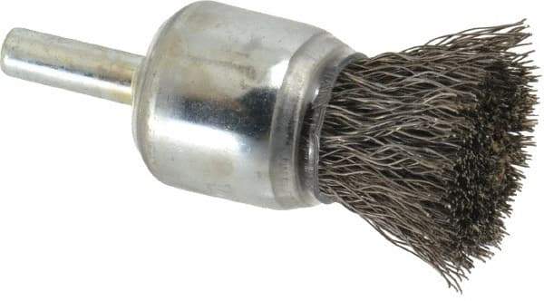 Weiler - 3/4" Brush Diam, Crimped, End Brush - 1/4" Diam Steel Shank, 22,000 Max RPM - Americas Industrial Supply