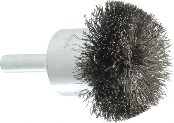 Weiler - 1-1/2" Brush Diam, Crimped, Flared End Brush - 1/4" Diam Shank, 20,000 Max RPM - Americas Industrial Supply