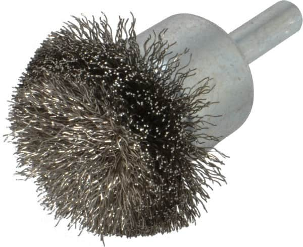 Weiler - 1-1/2" Brush Diam, Crimped, Flared End Brush - 1/4" Diam Shank, 20,000 Max RPM - Americas Industrial Supply