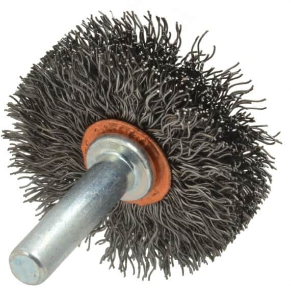 Weiler - 1-1/2" OD, 1/4" Shank Diam, Crimped Steel Wheel Brush - 1/2" Face Width, 1/2" Trim Length, 0.0118" Filament Diam, 20,000 RPM - Americas Industrial Supply