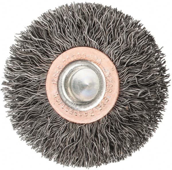 Weiler - 2" OD, 1/4" Shank Diam, Crimped Steel Wheel Brush - 3/8" Face Width, 1/2" Trim Length, 0.0118" Filament Diam, 20,000 RPM - Americas Industrial Supply