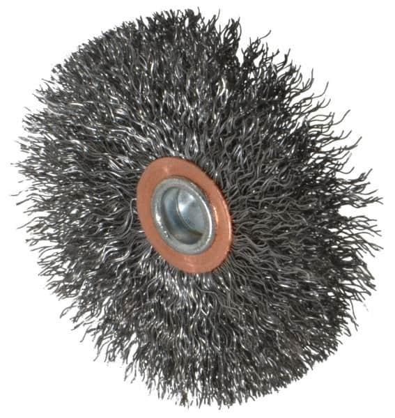 Weiler - 3" OD, 1/4" Shank Diam, Crimped Steel Wheel Brush - 1/2" Face Width, 1" Trim Length, 0.0118" Filament Diam, 20,000 RPM - Americas Industrial Supply