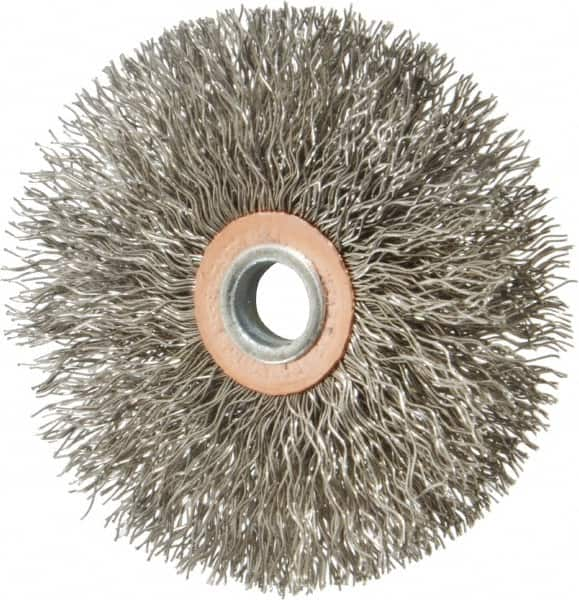 Weiler - 3" OD, 1/4" Shank Diam, Crimped Stainless Steel Wheel Brush - 1/2" Face Width, 1" Trim Length, 0.014" Filament Diam, 20,000 RPM - Americas Industrial Supply