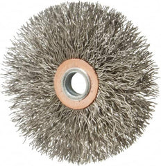 Weiler - 3" OD, 1/4" Shank Diam, Crimped Stainless Steel Wheel Brush - 1/2" Face Width, 1" Trim Length, 0.014" Filament Diam, 20,000 RPM - Americas Industrial Supply