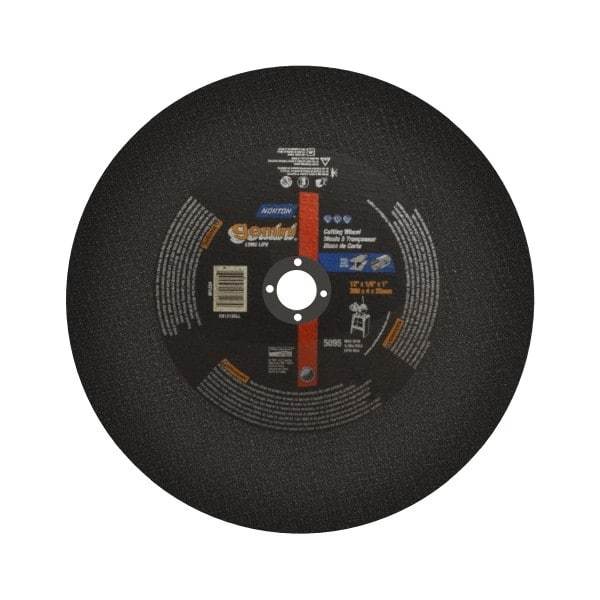 Norton - 12" Aluminum Oxide Cutoff Wheel - 1/8" Thick, 1" Arbor, 5,095 Max RPM, Use with Stationary Tools - Americas Industrial Supply