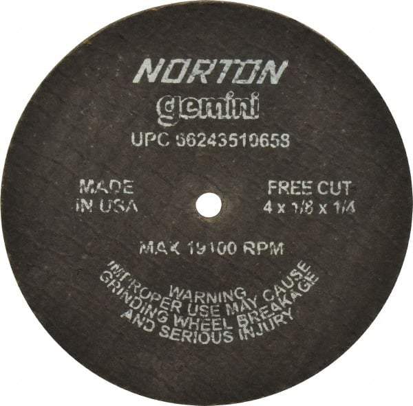 Norton - 4" Aluminum Oxide Cutoff Wheel - 1/8" Thick, 1/4" Arbor, 19,100 Max RPM, Use with Die Grinders - Americas Industrial Supply