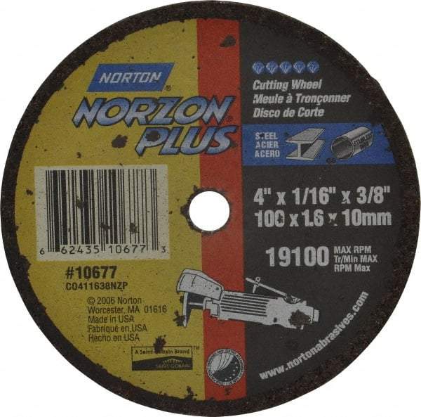 Norton - 4" Ceramic Cutoff Wheel - 1/16" Thick, 3/8" Arbor, 19,100 Max RPM, Use with Die Grinders - Americas Industrial Supply