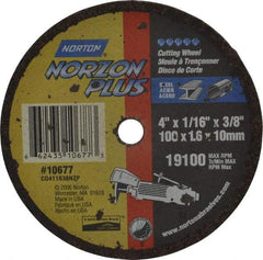 Norton - 4" Ceramic Cutoff Wheel - 1/16" Thick, 3/8" Arbor, 19,100 Max RPM, Use with Die Grinders - Americas Industrial Supply
