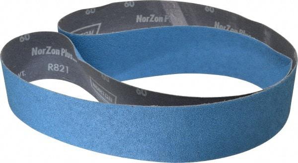 Norton - 2-1/2" Wide x 60" OAL, 60 Grit, Zirconia Alumina Abrasive Belt - Zirconia Alumina, Medium, Coated, Y Weighted Cloth Backing, Dry, Series R821 - Americas Industrial Supply