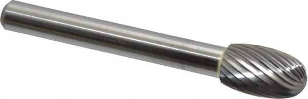 Made in USA - 3/8" Cut Diam, 6mm Shank Diam, Oval Head Single Cut Burr - Carbide, Radius End, 5/8" LOC, 2-3/8" OAL - Americas Industrial Supply