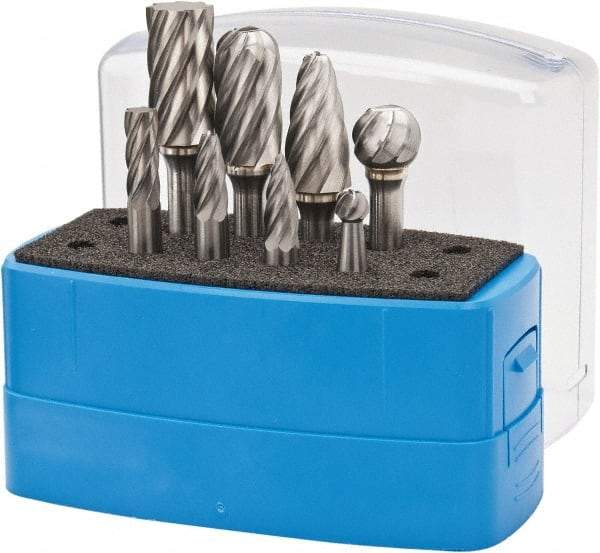 Made in USA - 8 Piece, 1/4" Shank Burr Set - Tungsten Carbide, Multiple Head Shape - Americas Industrial Supply