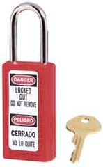 Master Lock - Keyed Alike Conductive Lockout Padlock - 1-1/2" Shackle Clearance, 1/4" Shackle Diam, 1-3/4" Body Height x 1-1/2" Body Width, Red, 6 Pins - Americas Industrial Supply