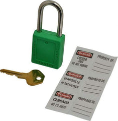 Master Lock - Keyed Alike Conductive Lockout Padlock - 1-1/2" Shackle Clearance, 1/4" Shackle Diam, 1-3/4" Body Height x 1-1/2" Body Width, Green, 6 Pins - Americas Industrial Supply