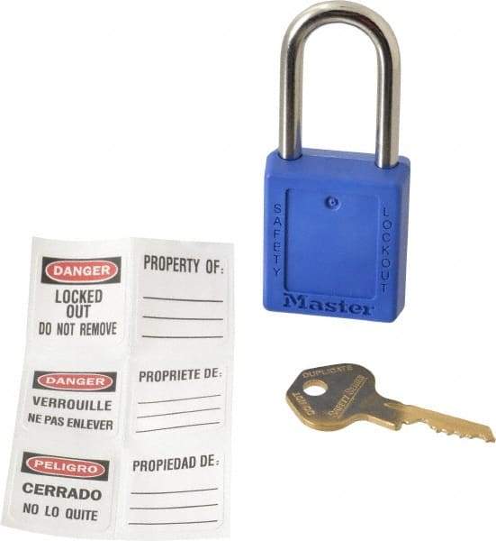 Master Lock - Keyed Alike Conductive Lockout Padlock - 1-1/2" Shackle Clearance, 1/4" Shackle Diam, 1-3/4" Body Height x 1-1/2" Body Width, Blue, 6 Pins - Americas Industrial Supply