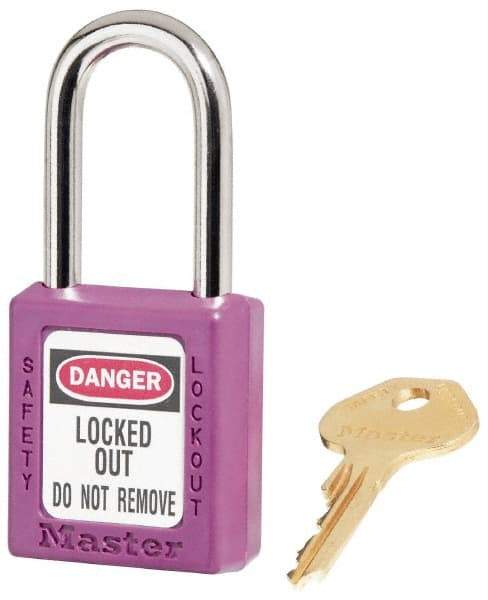 Master Lock - Keyed Alike Conductive Lockout Padlock - 1-1/2" Shackle Clearance, 1/4" Shackle Diam, 1-3/4" Body Height x 1-1/2" Body Width, Purple, 6 Pins - Americas Industrial Supply