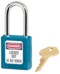 Master Lock - Keyed Alike Conductive Lockout Padlock - 1-1/2" Shackle Clearance, 1/4" Shackle Diam, 1-3/4" Body Height x 1-1/2" Body Width, Teal, 6 Pins - Americas Industrial Supply