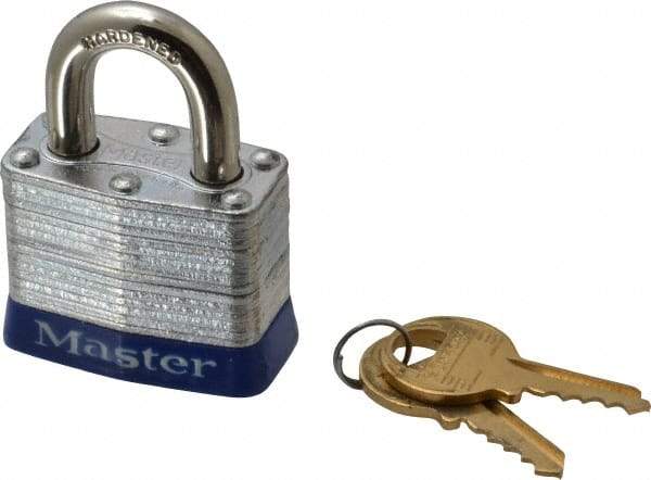 Master Lock - Keyed Different Retaining Key Conductive Lockout Padlock - 3/4" Shackle Clearance, 9/32" Shackle Diam, 1-1/4" Body Height x 1-9/16" Body Width, Blue, 4 Pins - Americas Industrial Supply