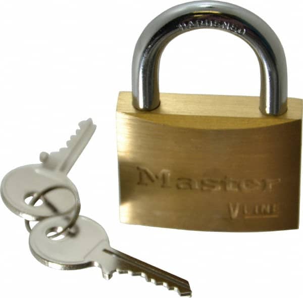Master Lock - 15/16" Shackle Clearance, Keyed Different Padlock - 9/32" Shackle Diam, Brass - Americas Industrial Supply