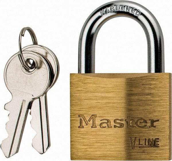 Master Lock - 13/16" Shackle Clearance, Keyed Different Padlock - 1/4" Shackle Diam, Brass - Americas Industrial Supply