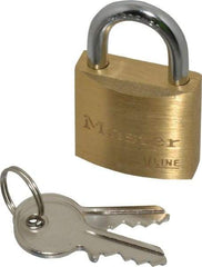 Master Lock - 9/16" Shackle Clearance, Keyed Different Padlock - 3/16" Shackle Diam, Brass - Americas Industrial Supply