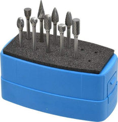 Made in USA - 9 Piece, 1/8" Shank Burr Set - Solid Carbide, Multiple Head Shapes - Americas Industrial Supply