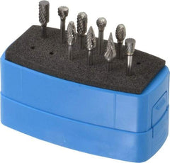 Made in USA - 9 Piece, 1/8" Shank Burr Set - Solid Carbide, Multiple Head Shapes - Americas Industrial Supply