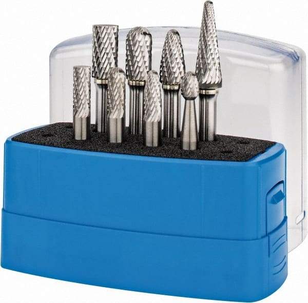 Made in USA - 8 Piece, 1/4" Shank Burr Set - Tungsten Carbide, Multiple Head Shape - Americas Industrial Supply