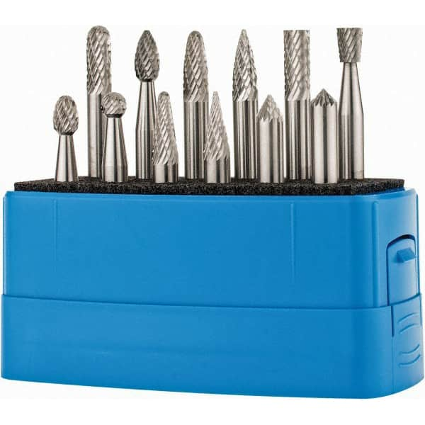 Made in USA - 12 Piece, 1/4" Shank Burr Set - Solid Carbide, Multiple Head Shape - Americas Industrial Supply