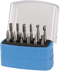 Made in USA - 12 Piece, 1/4" Shank Burr Set - Solid Carbide, Multiple Head Shape - Americas Industrial Supply