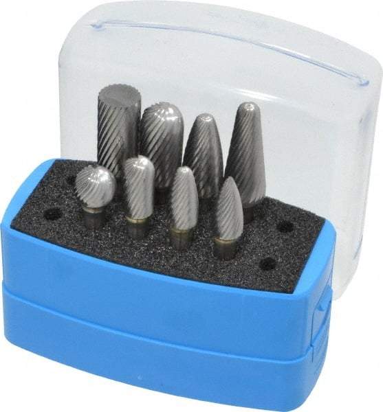 Made in USA - 8 Piece, 1/4" Shank Burr Set - Solid Carbide, Multiple Head Shapes, 14° Included Angle - Americas Industrial Supply