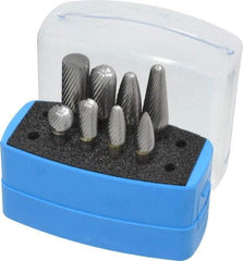 Made in USA - 8 Piece, 1/4" Shank Burr Set - Solid Carbide, Multiple Head Shapes, 14° Included Angle - Americas Industrial Supply