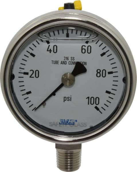 Wika - 2-1/2" Dial, 1/4 Thread, 0-100 Scale Range, Pressure Gauge - Lower Connection Mount, Accurate to 2-1-2% of Scale - Americas Industrial Supply