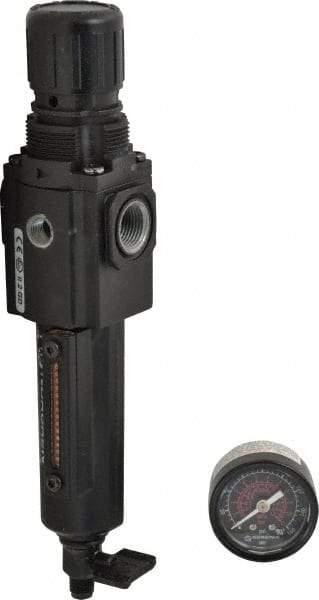 Norgren - 3/8" NPT Port Compact 1 Piece Filter/Regulator FRL Unit - Metal Bowl, 80 SCFM, 250 Max psi, 8.72" High x 1.97" Long, Manual Drain - Americas Industrial Supply
