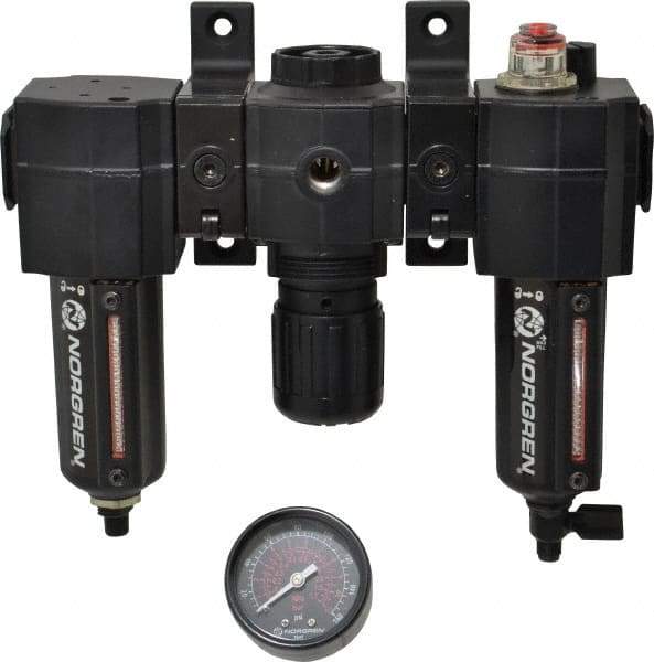 Norgren - 3/8" NPT Port Intermediate 3 Piece Filter-Regulator-Lubricator FRL Unit - Metal Bowl, 75 SCFM, 250 Max psi, 82" High x 9.13" Long, Automatic Drain - Americas Industrial Supply