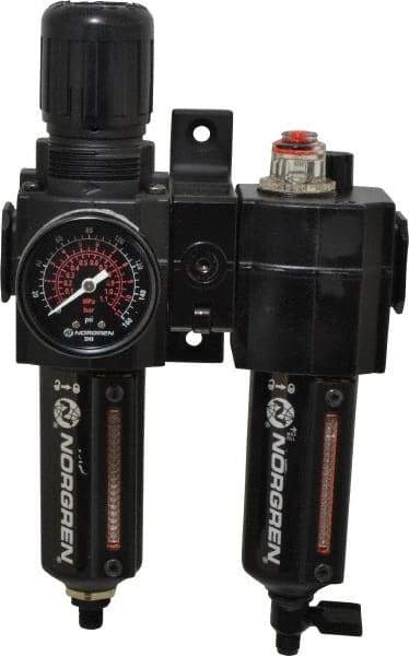 Norgren - 3/8" NPT Port Intermediate 2 Piece Filter/Regulator-Lubricator FRL Unit - Metal Bowl, 60 SCFM, 250 Max psi, 9.95" High x 5.91" Long, Automatic Drain - Americas Industrial Supply