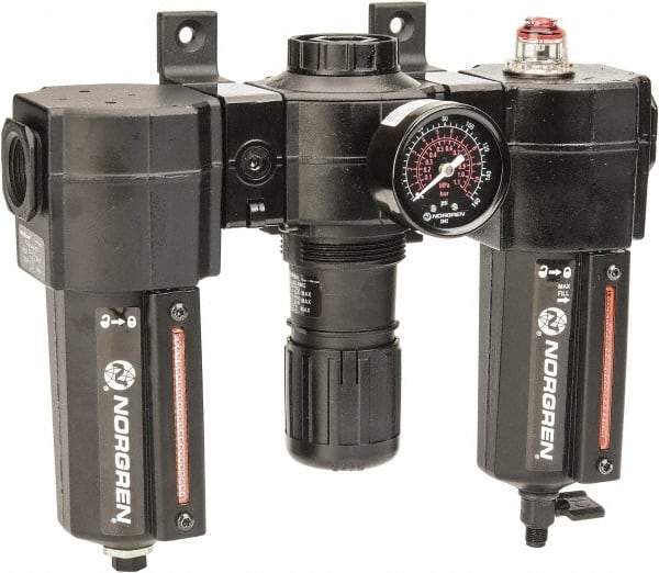 Norgren - 3/4" NPT Port Standard 3 Piece Filter-Regulator-Lubricator FRL Unit - Metal Bowl, 138 SCFM, 250 Max psi, 97" High x 10.52" Long, Automatic Drain - Americas Industrial Supply