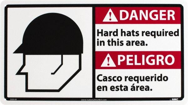 NMC - "Danger - Hard Hats Required in This Area", 10" Long x 18" Wide, Rigid Plastic Safety Sign - Rectangle, 0.05" Thick, Use for Accident Prevention - Americas Industrial Supply