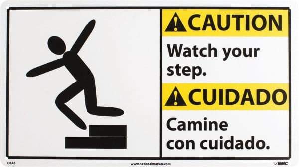 NMC - "Caution - Watch Your Step", 10" Long x 18" Wide, Rigid Plastic Safety Sign - Rectangle, 0.05" Thick, Use for Accident Prevention - Americas Industrial Supply