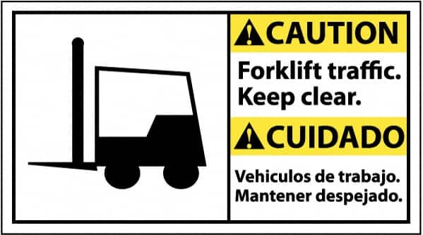 NMC - "Caution - Forklift Traffic - Keep Clear", 10" Long x 18" Wide, Pressure-Sensitive Vinyl Safety Sign - Rectangle, 0.004" Thick, Use for Accident Prevention - Americas Industrial Supply