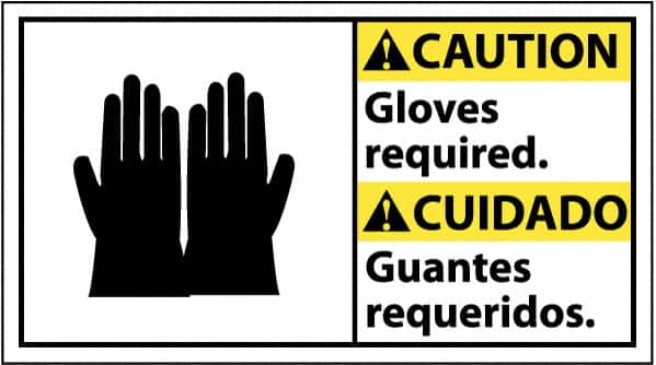 NMC - "Caution - Gloves Required", 10" Long x 18" Wide, Pressure-Sensitive Vinyl Safety Sign - Rectangle, 0.004" Thick, Use for Accident Prevention - Americas Industrial Supply