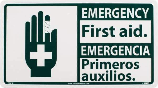 NMC - "Emergency - First Aid", 10" Long x 18" Wide, Rigid Plastic Safety Sign - Rectangle, 0.05" Thick, Use for First Aid - Americas Industrial Supply