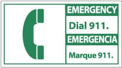 NMC - "Emergency - Dial 911", 10" Long x 18" Wide, Rigid Plastic Safety Sign - Rectangle, 0.05" Thick, Use for First Aid - Americas Industrial Supply